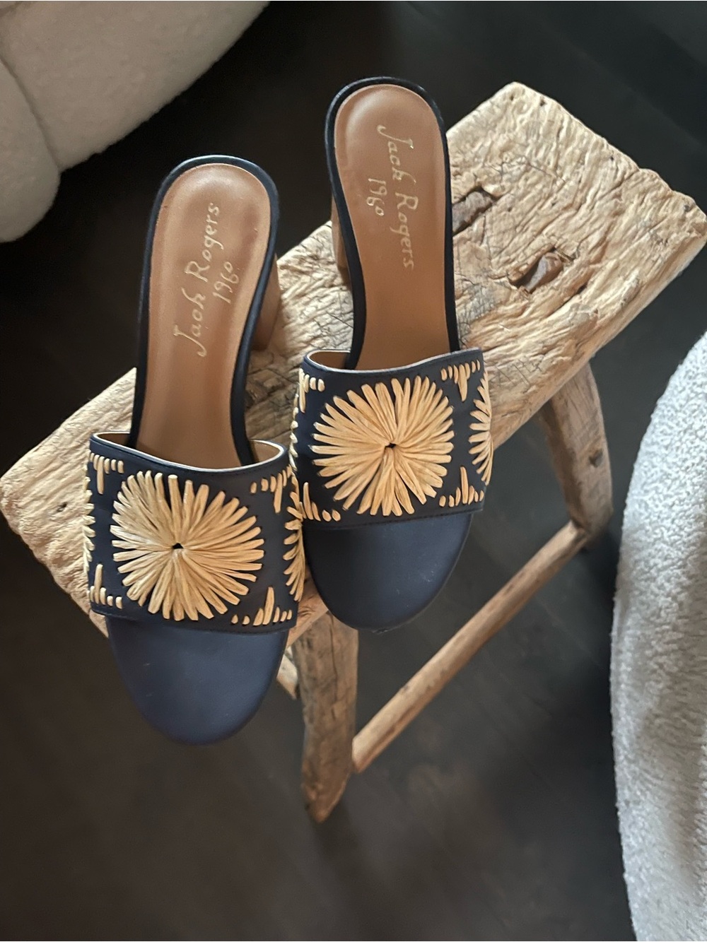 Jack Rogers Navy Slide Mules with Cream Raffia Floral